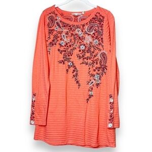 Soft Surroundings embroidered tunic top XS coral stretch knit beaded boho beachy